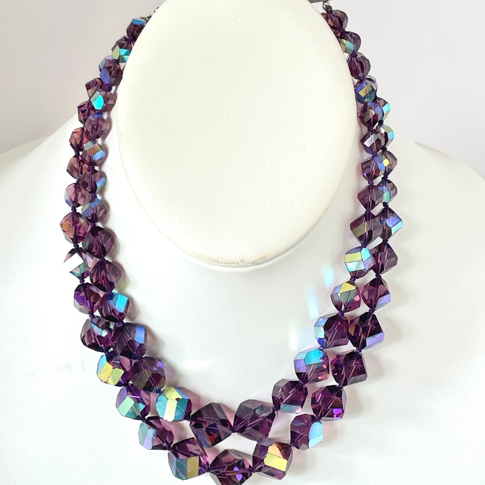 VTG Purple Iridescent AB Faceted Cut Crystal/Glass Beads Double Strand Necklace